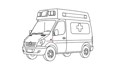 Dessin au trait d'une ambulance de style dessin animé avec un point rouge à l'avant, prête pour le coloriage.