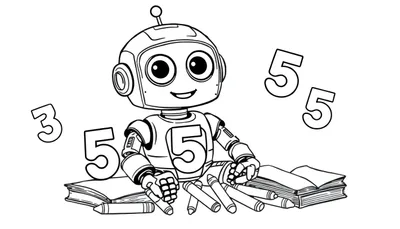 Un robot joyeux avec le chiffre 5 sur sa poitrine, assis derrière des livres et des crayons. Des chiffres flottants entourent le robot, suggérant un apprentissage des nombres dans un décor de color panel.