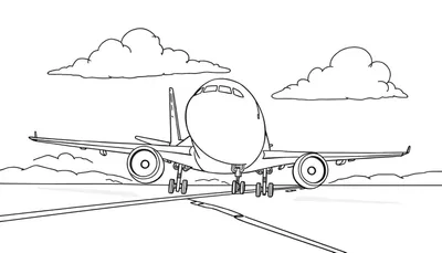 Un avion de dessin animé avec des nuages et des collines en arrière-plan, prêt pour le coloriage.