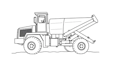 Dessin d'un camion à benne basculante hors route en noir et blanc, vu de profil.