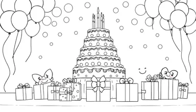 Dessin au trait d'un gâteau d'anniversaire festif avec bougies, ballons, cadeaux et deux créatures joyeuses. Ce color panel est prêt à être colorié.