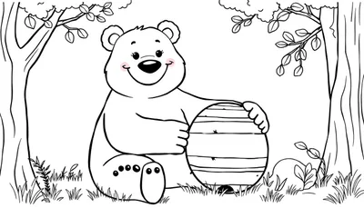 Dessin au trait d'un ours souriant assis dans une forêt tenant une ruche de miel, prêt à être colorisé par les enfants, un color panel.