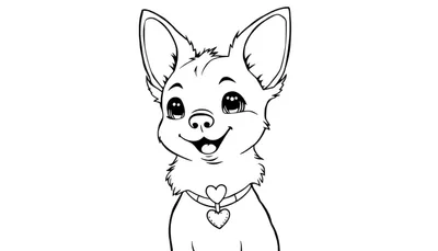 Dessin au trait d'un chiot mignon avec de grandes oreilles, de grands yeux brillants et un collier en forme de cœur, idéal pour un color panel.