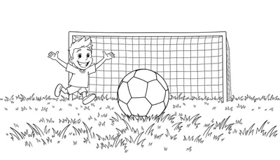 Dessin au trait noir et blanc d'un garçon joyeux à côté d'un ballon de football, prêt à jouer, avec un but derrière lui. Parfait pour un color panel pour enfants.