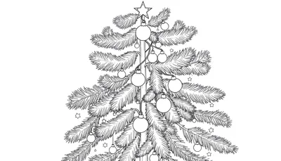 Dessin au trait d'un sapin de Noël décoré d'ornements ronds et d'une étoile, avec des petites étoiles parsemées.