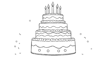 Un gâteau d'anniversaire à plusieurs étages, dessiné au trait, avec des bougies allumées et des décorations. Il y a des étoiles, des lunes et des cercles autour. Un color panel est inclus.