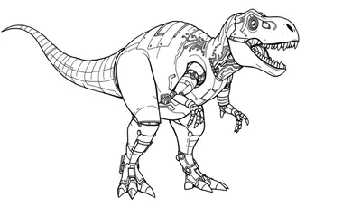 Planche de couleur d'un Tyrannosaure Rex futuriste et robotisé.