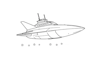 Dessin au trait d'un vaisseau spatial monoplan avec une aile et une queue, une cabine avec des fenêtres et deux antennes.