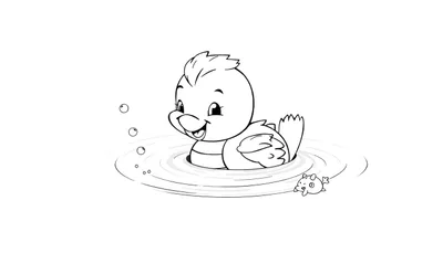 Dessin au trait d'un caneton mignon flottant avec des bulles et un petit poisson, prêt à être colorié dans un color panel.