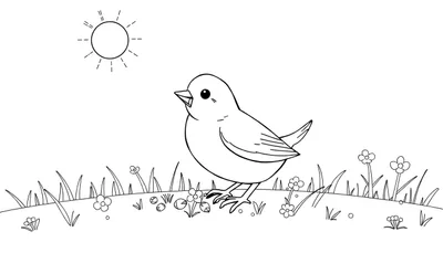 Illustration au trait d'un petit poussin jaune dans l'herbe sous un soleil radieux, style color panel.