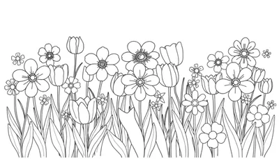 Un dessin au trait d'un jardin rempli de fleurs et de feuilles, un color panel.