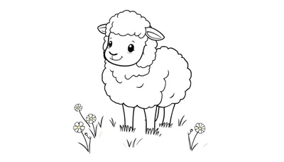 Un dessin simple et enfantin d'un mouton souriant avec une toison bouclée, debout dans l'herbe avec de petites fleurs blanches à cœur jaune. Ce color panel est prêt à être rempli de couleurs!