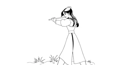 Mulan, une guerrière déterminée, tenant un bâton, prête pour l'action.