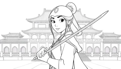 Mulan tenant une épée devant un bâtiment asiatique, dessin au trait pour colorier.