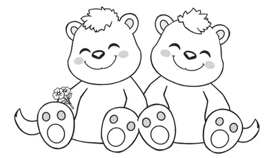 Deux ours en peluche dessinés au trait, assis côte à côte. L'ours de gauche tient un bouquet de fleurs. Les deux ours sourient joyeusement. Un color panel est caché derrière eux.