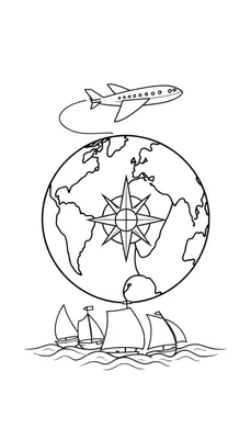 Une plaque couleur simple montrant la Terre avec une boussole, un avion et des bateaux.