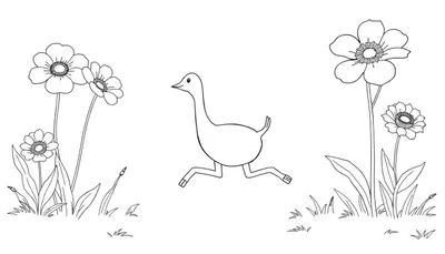 Oie stylisée courant dans un champ de fleurs, style dessin noir et blanc pour un color panel.