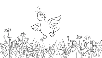 Dessin au trait noir et blanc d'un oiseau joyeux en plein vol au-dessus d'un champ de fleurs, idéal pour le coloriage.