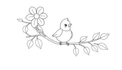 Un oiseau de dessin animé coloré perché sur une branche avec des feuilles et une fleur, prêt à être colorié dans un color panel.