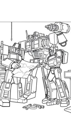 Trois Transformers dessinés dans un style de coloriage, planifiant une mission.
