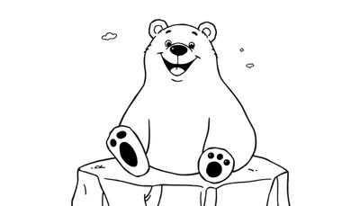 Dessin en noir et blanc d'un ours polaire joyeux sur un bloc de glace, prêt à être colorié dans un color panel.