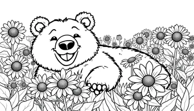 Dessin au trait noir et blanc d'un ours souriant détendu dans un champ de marguerites, parfait pour un color panel.