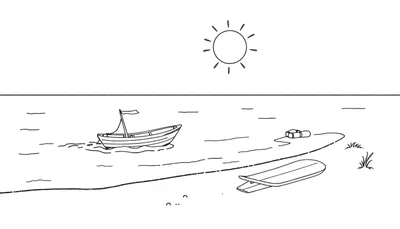 Image d'une plage dessinée en noir et blanc avec un soleil, un bateau à voile, une bouée de sauvetage, une planche de surf et de l'herbe.