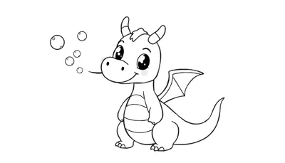 Un adorable dragon de dessin animé en noir et blanc souffle des bulles, page de coloriage pour enfants.