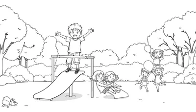 Dessin en noir et blanc d'un terrain de jeu avec des enfants joyeux, un toboggan, des ballons et un insecte color panel.