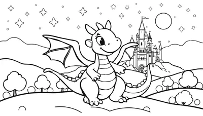 Un gentil dragon de dessin animé souriant, prêt à être colorié sur une page de coloriage.
