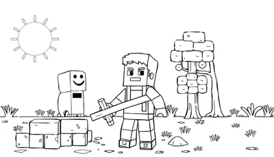 Page de coloriage Minecraft: Steve tenant du bois, Creeper à côté, arbre et soleil, pour un color panel.