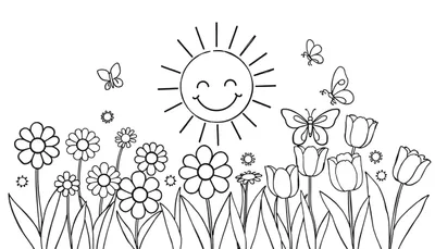 Color panel: un soleil souriant sur un champ de fleurs printanières avec des papillons.
