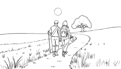 Page de coloriage: des pèlerins se promènent dans la nature avec un panier, color panel.