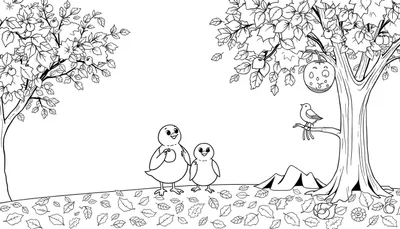 Dessin en noir et blanc d'une scène d'automne avec des arbres, des feuilles tombées, deux poussins souriants et un oiseau, parfait pour un color panel.