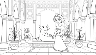 Page de coloriage de Jasmine, une princesse, assise aux côtés d'une créature ressemblant à un taureau doux dans une grande salle ornée, avec des plantes en pot.