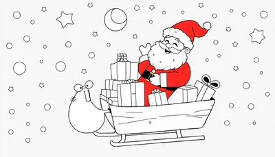 Page de coloriage de Noël: un Père Noël jovial dans un traîneau tiré par une créature magique.
