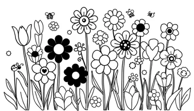 Un dessin au trait de fleurs et d'insectes pour un color panel.