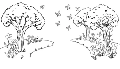 Panneau de coloriage d'un paysage naturel avec des arbres, des fleurs et des papillons.