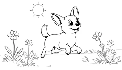 Un chihuahua joyeux court dans un champ ensoleillé, comme sur un panneau coloré pour enfants.