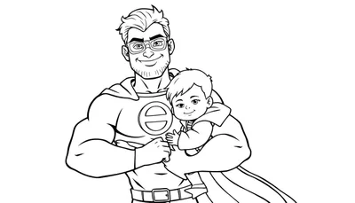 Papa super-héros tenant son bébé, avec un color panel.