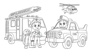 Dessin au trait d'un camion de pompiers et d'une voiture de police avec des personnages de dessin animé, style page à colorier pour enfants.