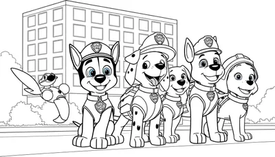 Dessin au trait noir et blanc de cinq chiots Paw Patrol alignés, avec un bâtiment et un oiseau en arrière-plan, prêt pour un color panel.