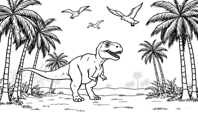 Dessin de dinosaure T-Rex dans une forêt préhistorique, un plateau couleur.