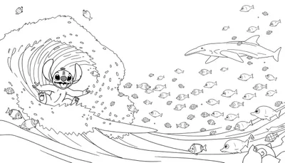Planche de coloriage de Stitch surfant sur une grosse vague avec des amis marins.