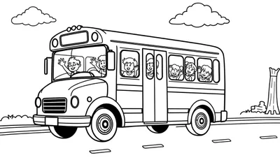 Dessin d'une plaque de bus scolaire colorée avec des enfants qui disent au revoir.