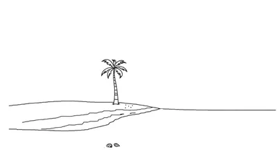 Dessin d'une plage tropicale en noir et blanc, une seule palmier sur le sable, des coquillages et la mer, une plaque couleur.