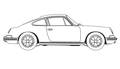 Dessin au trait d'une Porsche 911 classique, vue de profil, avec une bande décorative et des roues à cinq rayons.