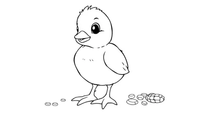 Un dessin au trait d'un poussin jaune mignon picorant de la nourriture, prêt pour un color panel.