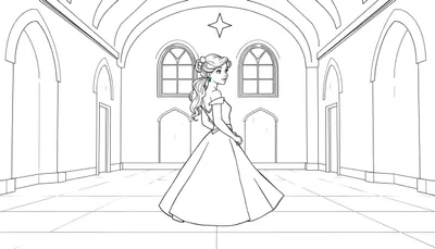 Princesse dans sa robe de bal dans un château, prête à colorier.
