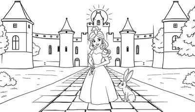 Une princesse Disney souriante dans un château magique, entourée de ses amis animaux. Prête pour l'aventure et la couleur! Ce color panel est parfait pour les enfants.